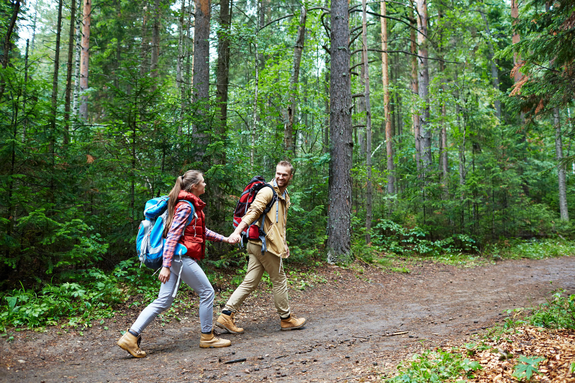 Wanderer auf einem idyllischen Waldweg im Naturpark Saar-Hunsrück – Wandern rund um das Hofgut Imsbach.